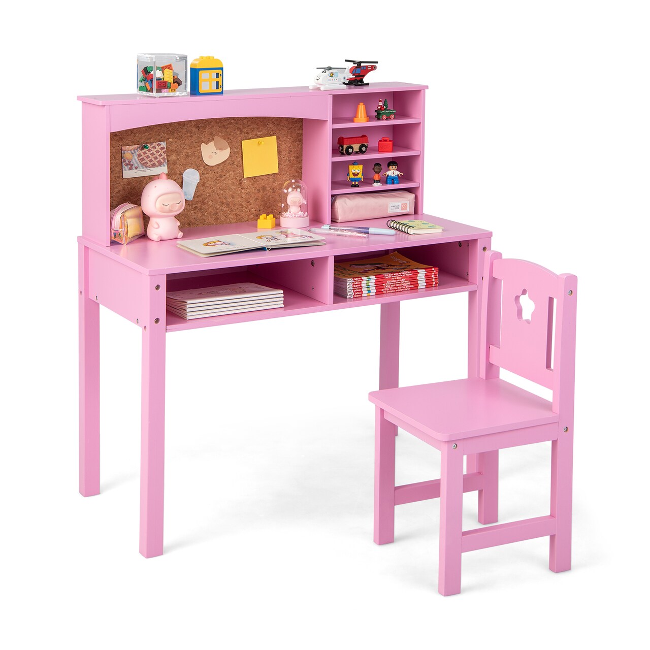 Kids Wooden Desk and Chair Set with 4-tier Storage Shelves and 2 Open Drawers